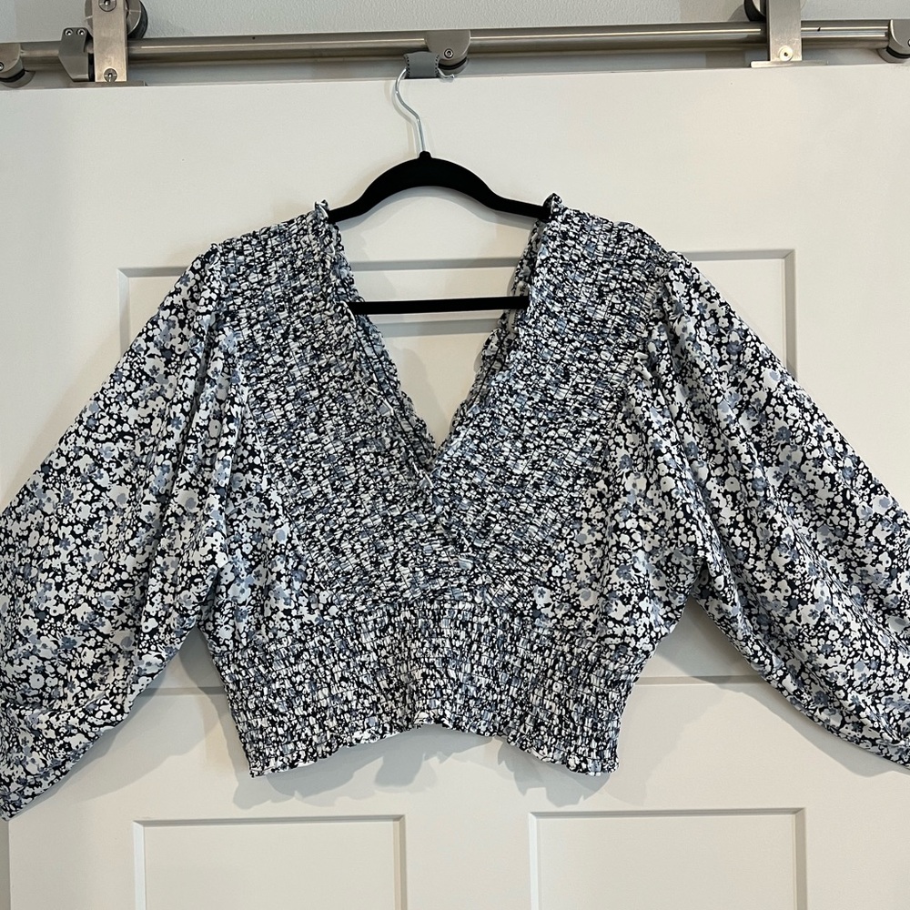 Long-Sleeve Smocked Puff Sleeve Wrap Top